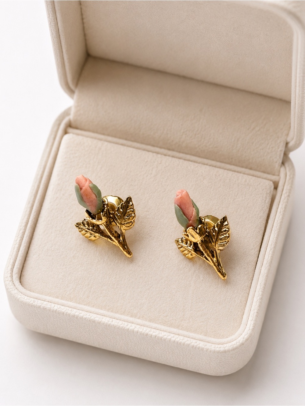 Gold and Pink Rosebud Earrings
